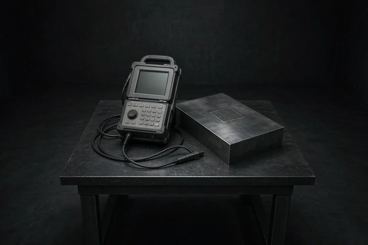 casting weld repair re-examination: ultrasonic flaw detector probe resting on the machined face of a heavy steel casting with cable coiled on a dark bench