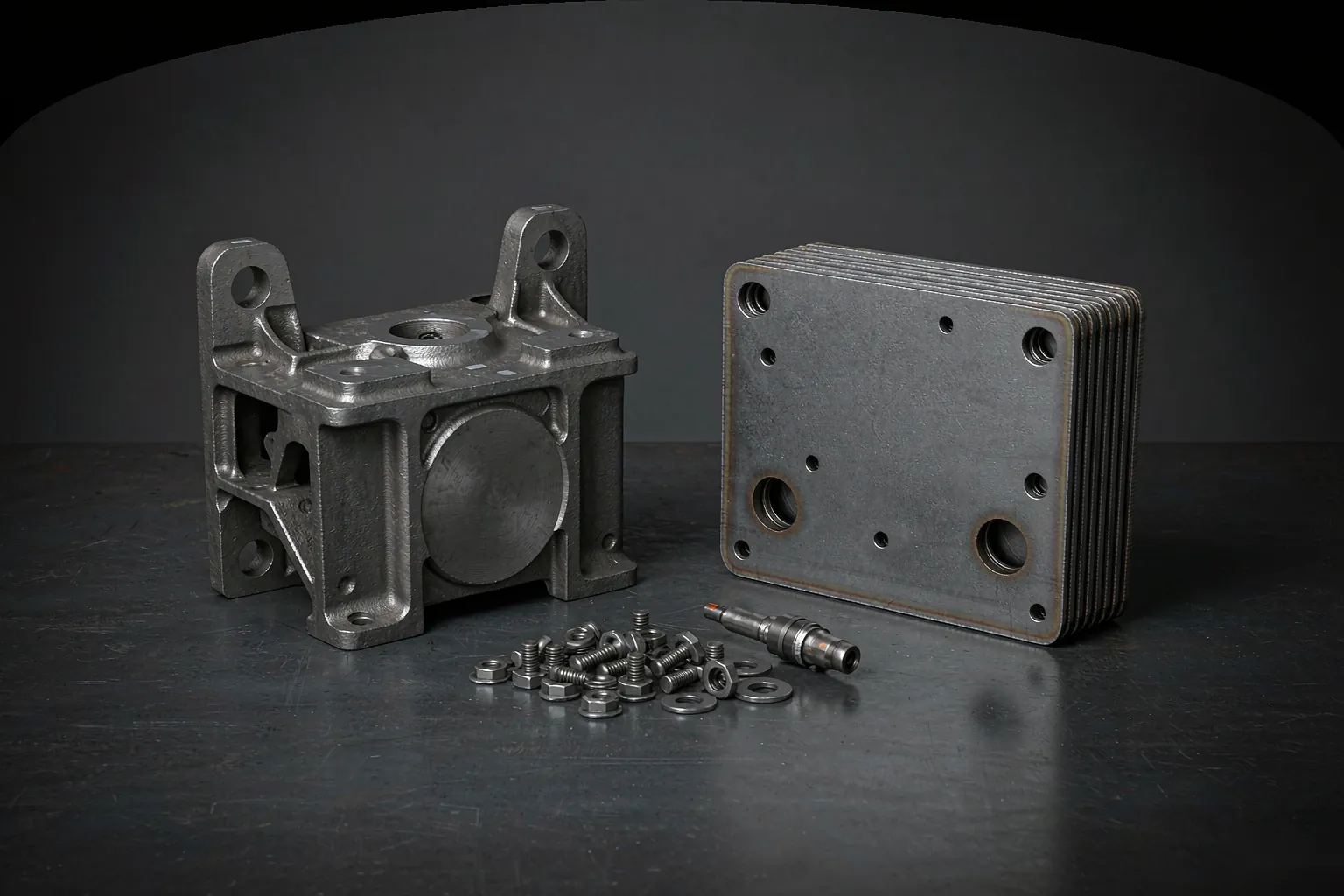Casting part consolidation: one ribbed ductile iron casting beside the stack of steel plates and bolts it replaces