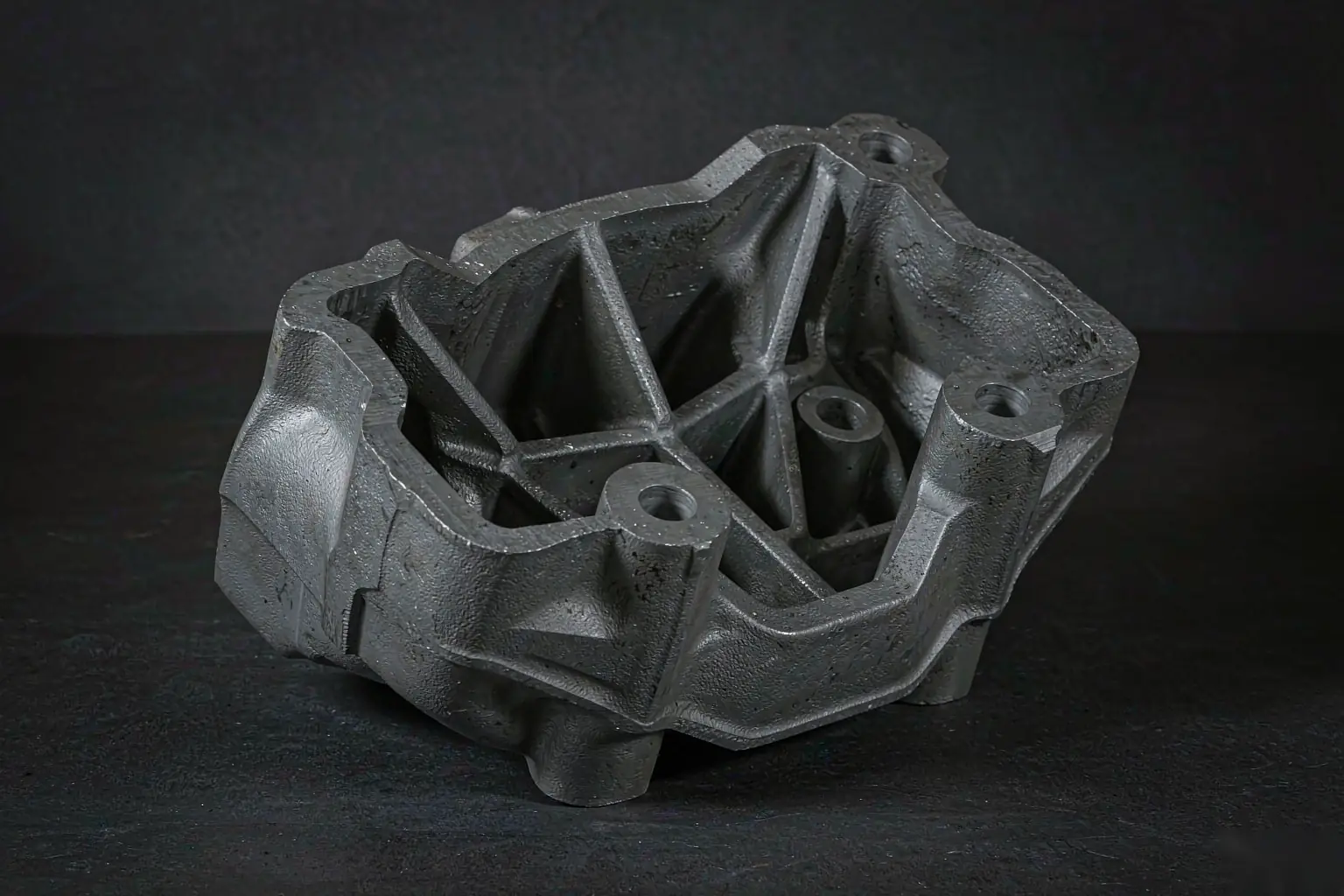 Casting part consolidation: close-up of a cored ductile iron casting with ribs and machined bosses on a dark bench