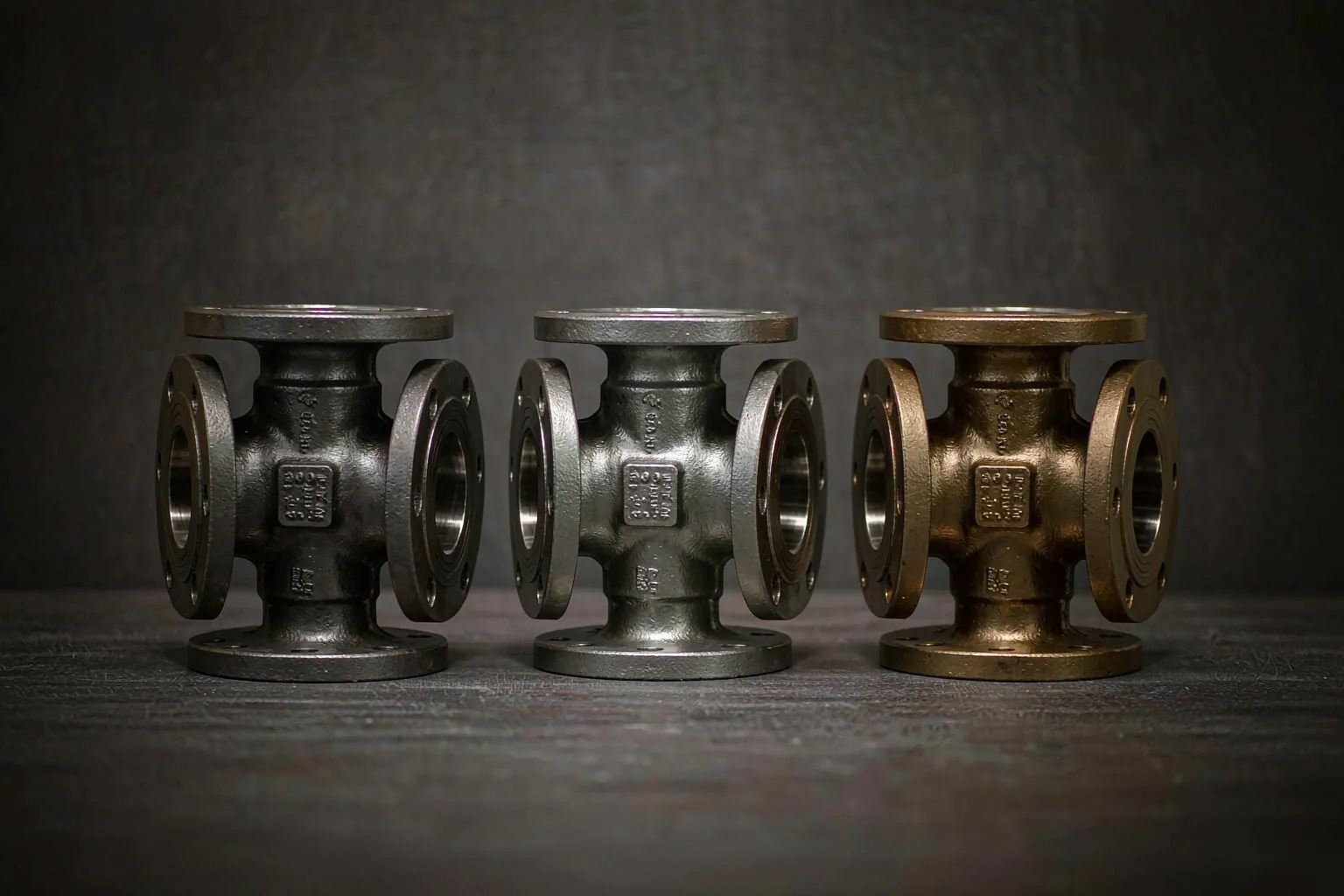 casting material substitution - three cast steel valve bodies of the same part family lined up on a workshop bench