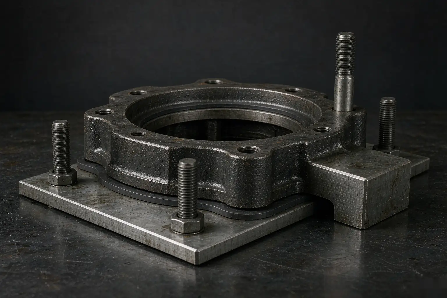 casting tolerance stack — bolt flange and stud assembly showing projected tolerance zone on a cast housing