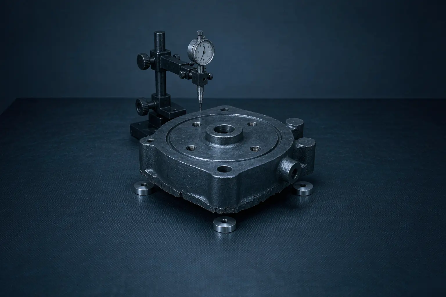casting tolerance stack — three datum target pads on a cast housing resting on a CMM fixture